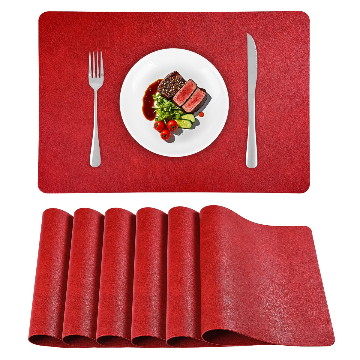 Faux Leather Placemats Set of 6, Washable Place Mats, Vinyl Placemats Wipeable Waterproof Oil-Proof Heat Resistant PU Table Mats for Dining, Kitchen, Hotel,43 * 30cm,Red