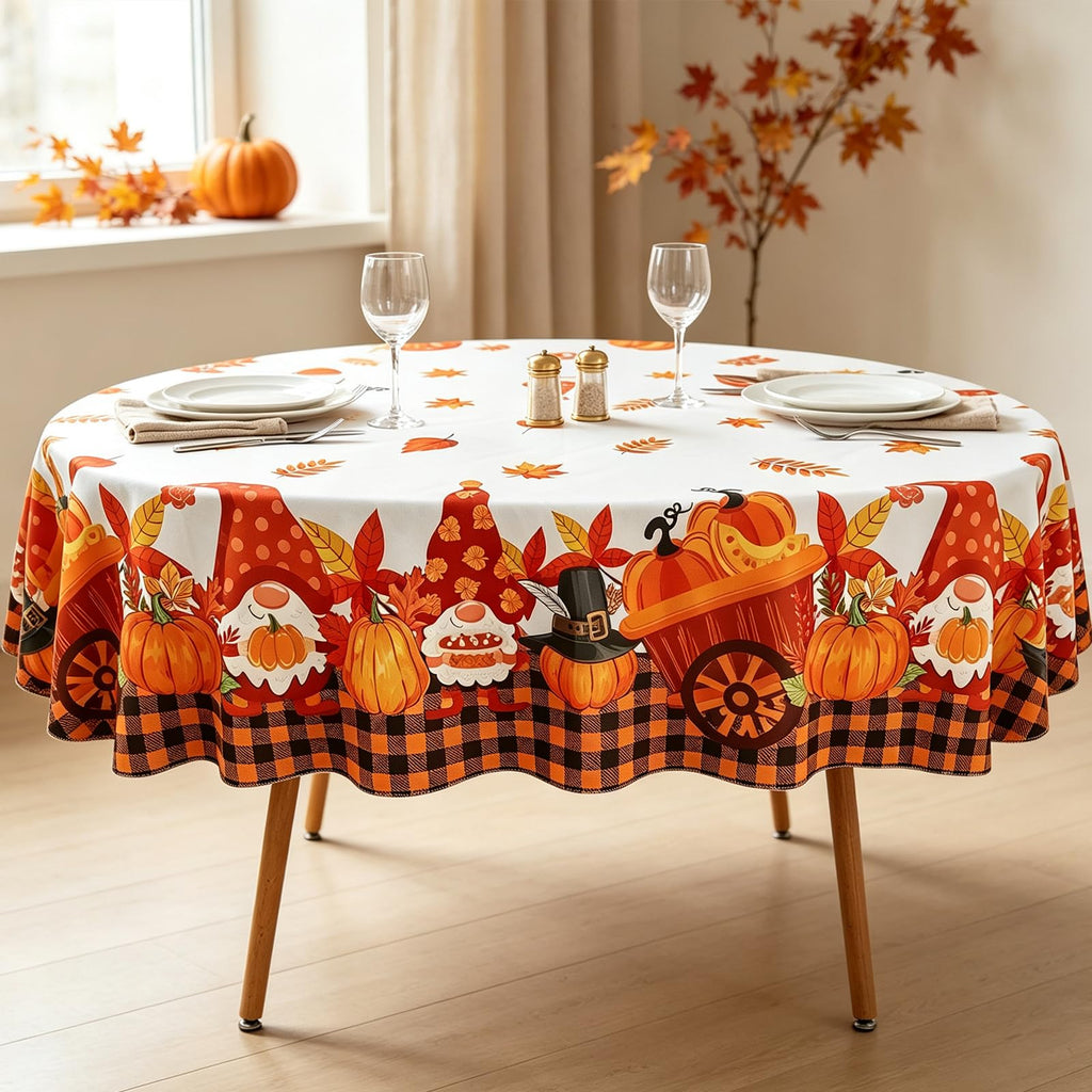 OUTCREATOR Halloween Tablecloth with Flannel Backing, Waterproof Round Table Cloth, Wipeable Plastic Table Cover for Fall Party Kitchen Dining Decor(Orange Halloween Silhouette, 60")