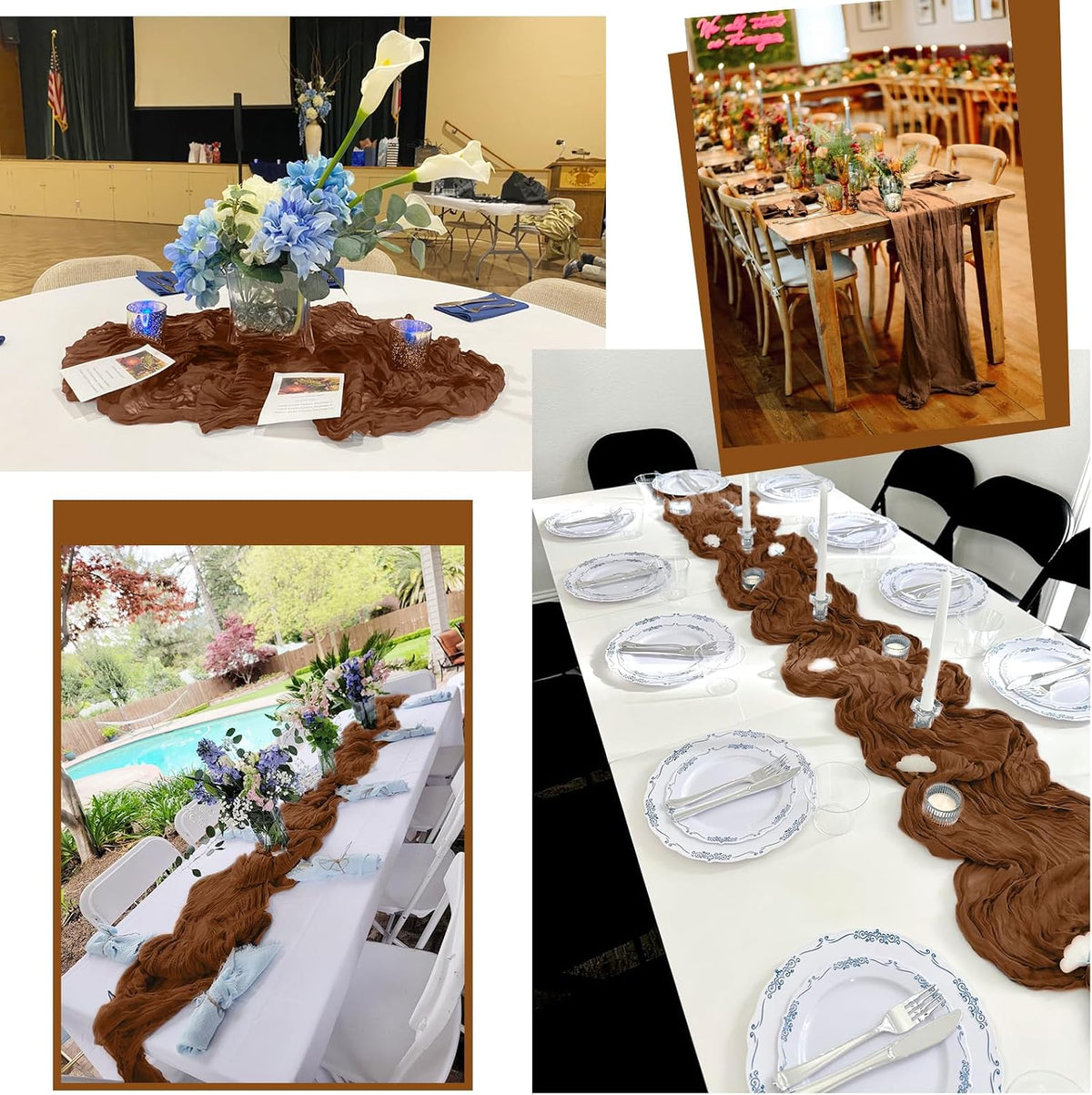 12 Pack Brown Table Runner 10Ft Cheesecloth Table Runner Rustic Gauze Table Runners Romantic Long Sheer Fabric Cheese Cloth Table Runners for Wedding Party Bridal Baby Shower
