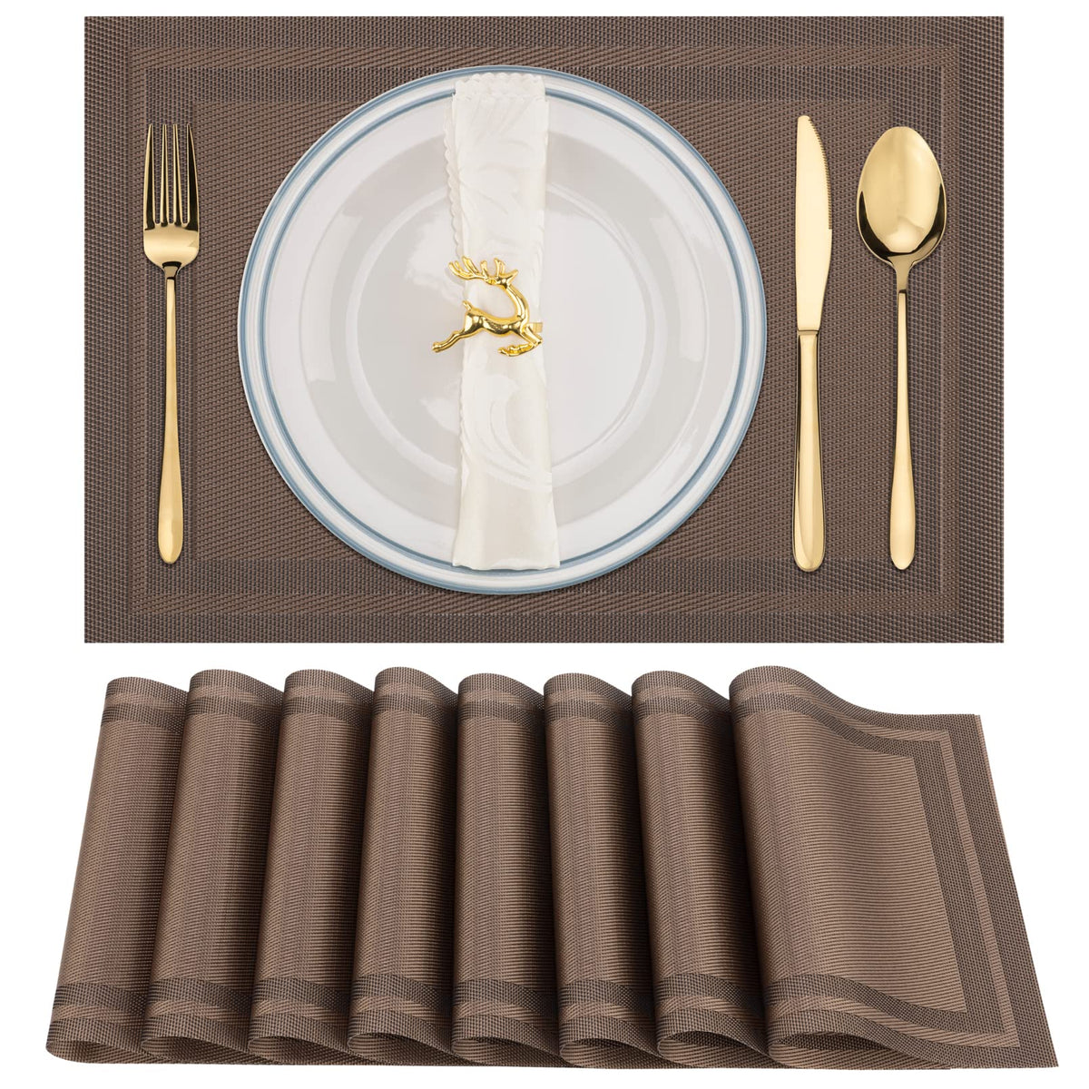 Winknowl Placemats Set of 4，Heat Resistant Woven Vinyl Washable PVC Place Mats，Non-Slip Stain Resistant Indoor/Outdoor Table Mats for Dining Table (Brown)