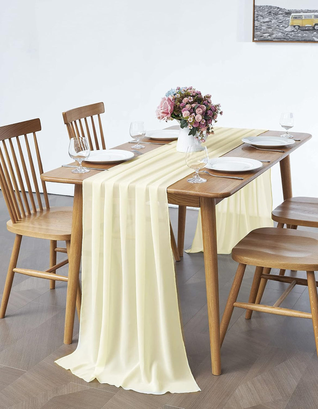 Pufogu 5 Pack 10Ft Light Yellow Chiffon Table Runner Sheer 29x120 Inch
