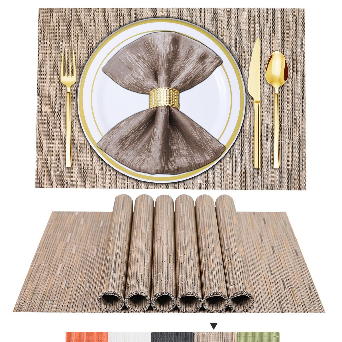 BETEAM Placemats Set of 8, Woven Vinyl Place Mats for Dining Table, Gray