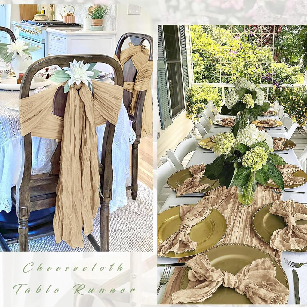 12 Pack Beige Cheesecloth Table Runner 17 x 108 Inch Gauze Table Runner Fabric Semi Sheer Cheese Cloth Table Decoration Bulk for Rustic Romantic Wedding Baby Shower Table Decoration