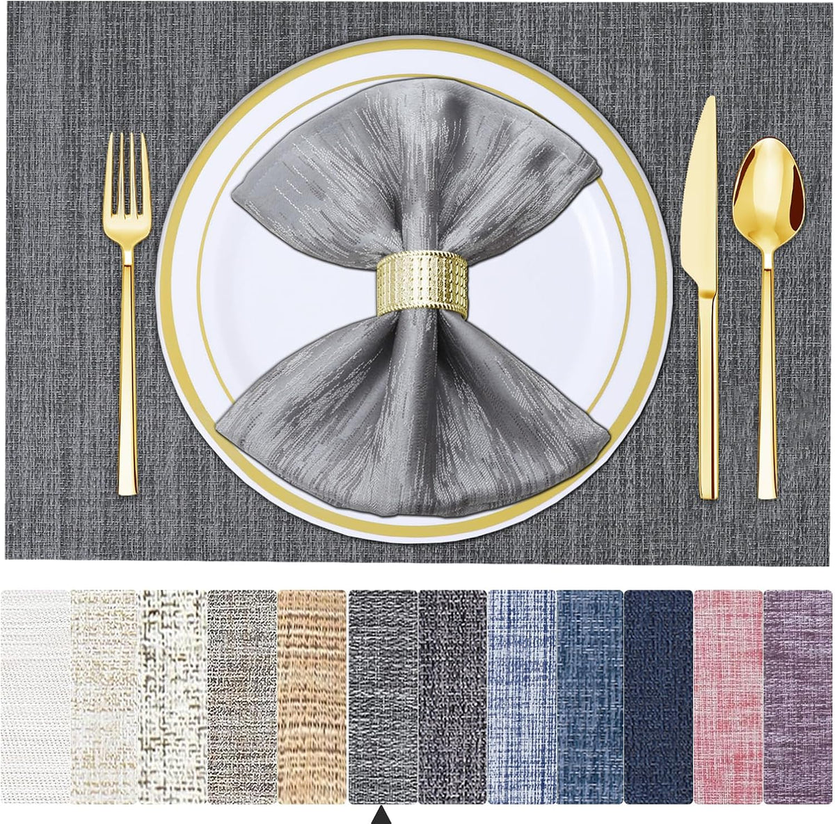 BETEAM Placemats Set of 8, Woven Vinyl Place Mats for Dining Table, Gray