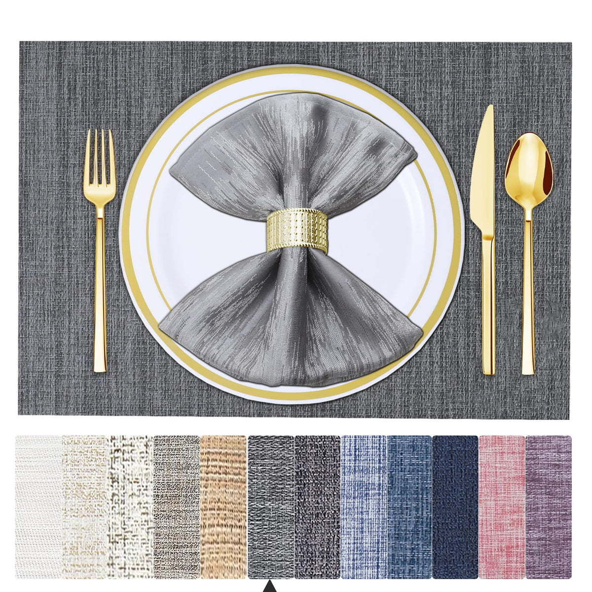 BETEAM Placemats Set of 8, Woven Vinyl Place Mats for Dining Table, Gray