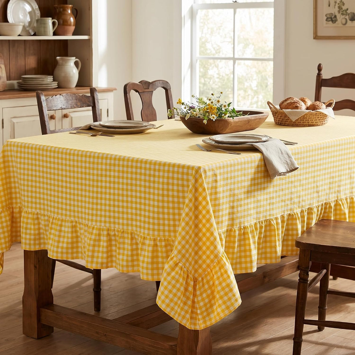 PartyDelight Gingham Ruffle Tablecloth Butter Yellow Washed Cotton Checkered Rectangular Table Cover for Farmhouse Kitchen Cute Cottagecore Birthday Party Decor, Soft Vintage (60x102 Fits 6-9 Seats)