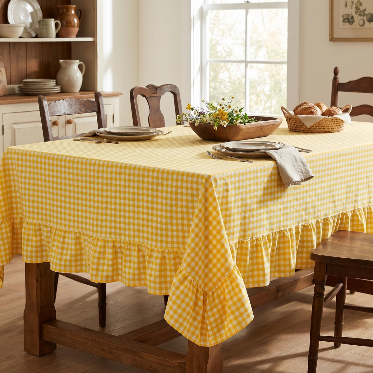 PartyDelight Gingham Ruffle Tablecloth Butter Yellow Washed Cotton Checkered Rectangular Table Cover for Farmhouse Kitchen Cute Cottagecore Birthday Party Decor, Soft Vintage (60x102 Fits 6-9 Seats)