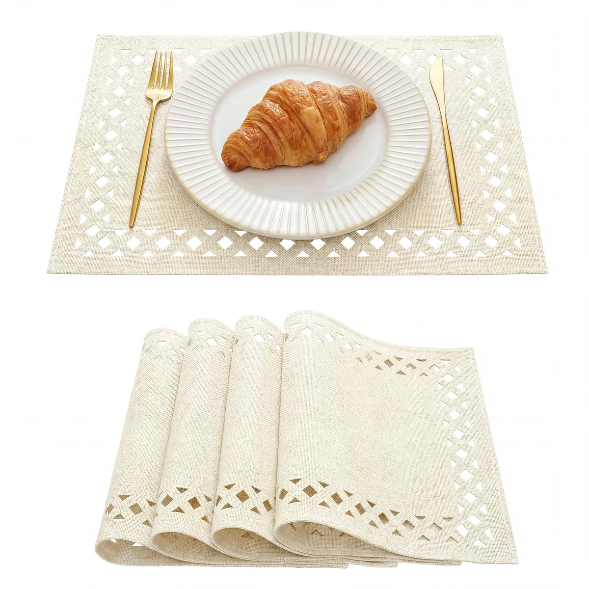 Artoid Mode Farmhouse Placemats Set of 4, Linen Textured Lattice Cutwork Place Mats for Kitchen Dining Table Decor and Outdoor Party, 12 x 18 Inchs, Yellow