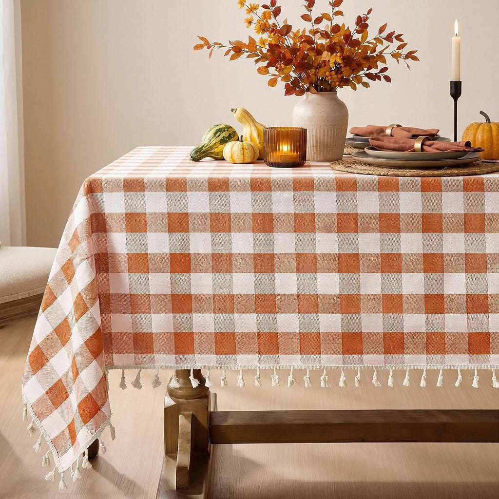 Softalker Fall Gingham Rectangle Tablecloth with Tassel, Orange, 55" x 84"