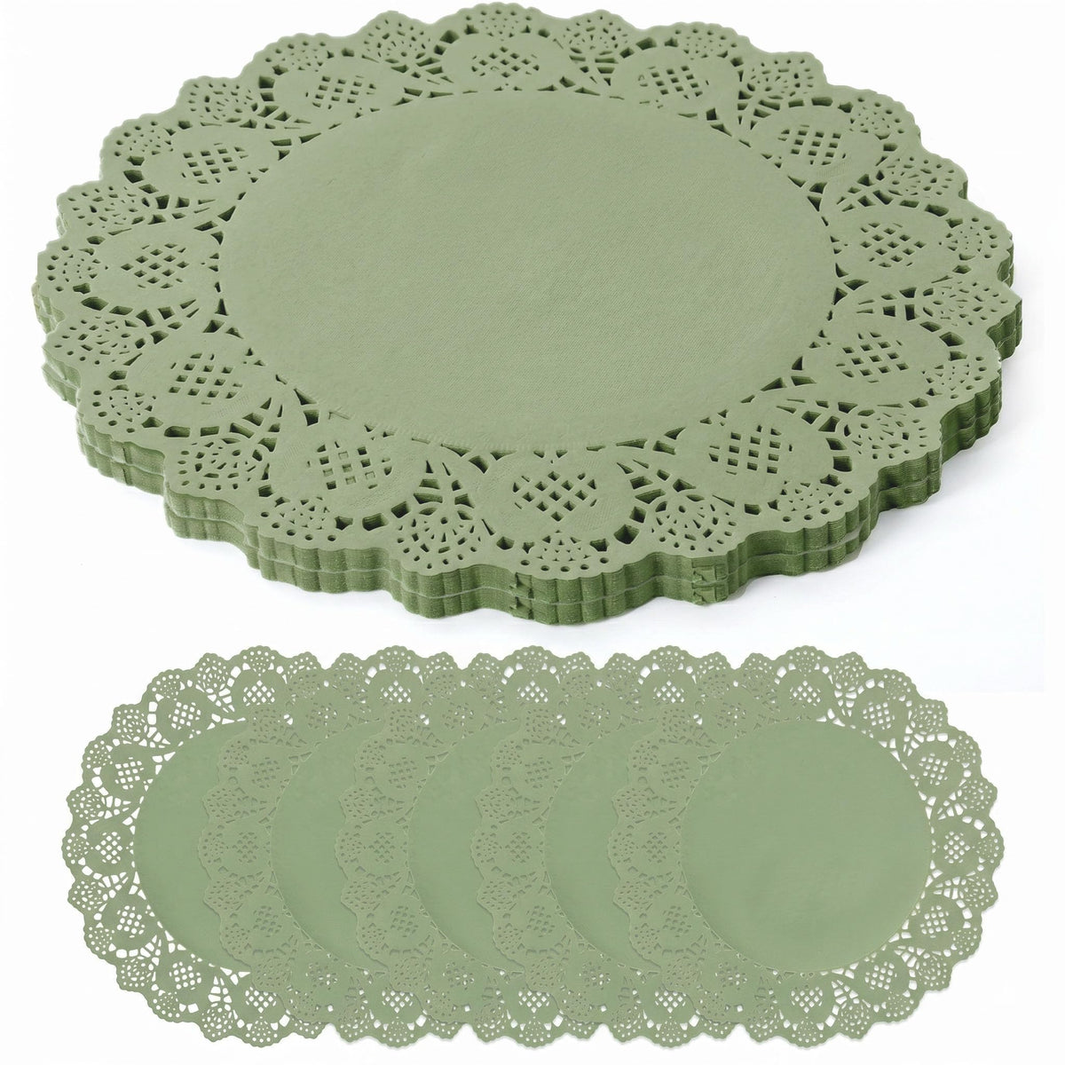 100 Pack 13.5 Inch Round Sage Green Paper Doilies, Disposable Lace Placemat