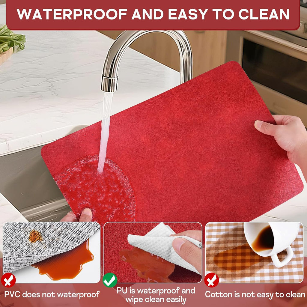 Faux Leather Placemats Set of 6, Washable Place Mats, Vinyl Placemats Wipeable Waterproof Oil-Proof Heat Resistant PU Table Mats for Dining, Kitchen, Hotel,43 * 30cm,Red