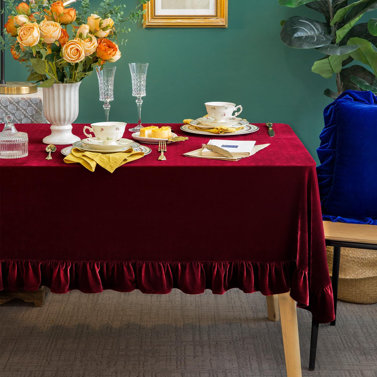 GLORY SEASON Velvet Tablecloth Luxurious Solid Rectangle Table Cloth,Oblong Retro Farmhouse Ruffle Tablecloths Washable Table Cover for Party Wedding Baby Shower Kitchen Dinning Tabletop Decoration