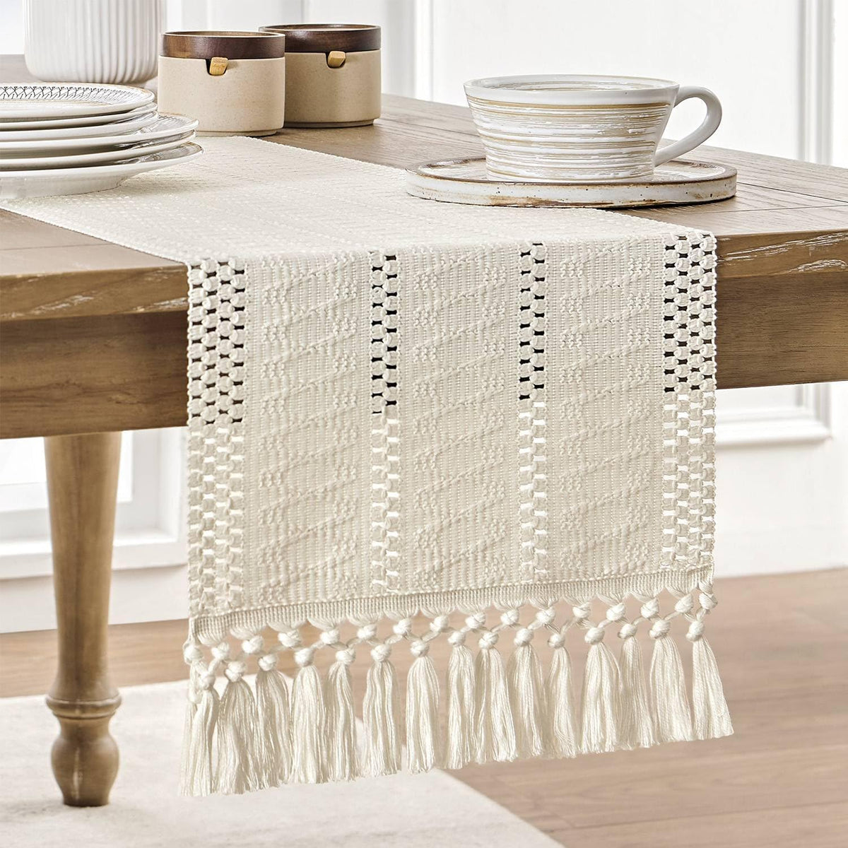 ZeeMart Macrame Style Boho Table Runner, 12x72 Inch Ivory
