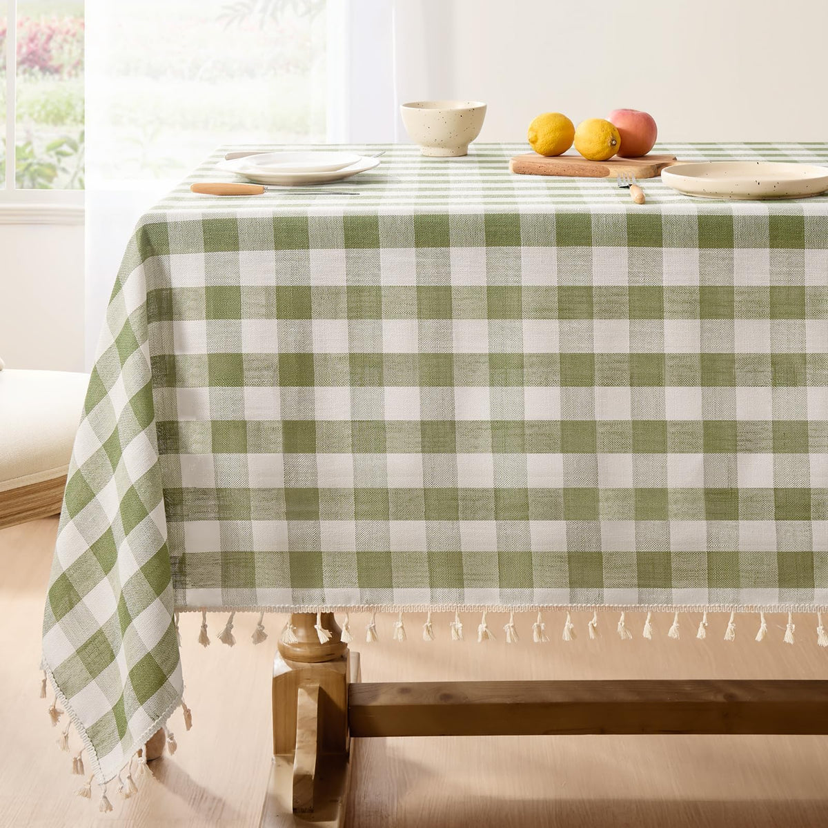 Softalker Fall Gingham Rectangle Tablecloth with Tassel, Orange, 55" x 84"