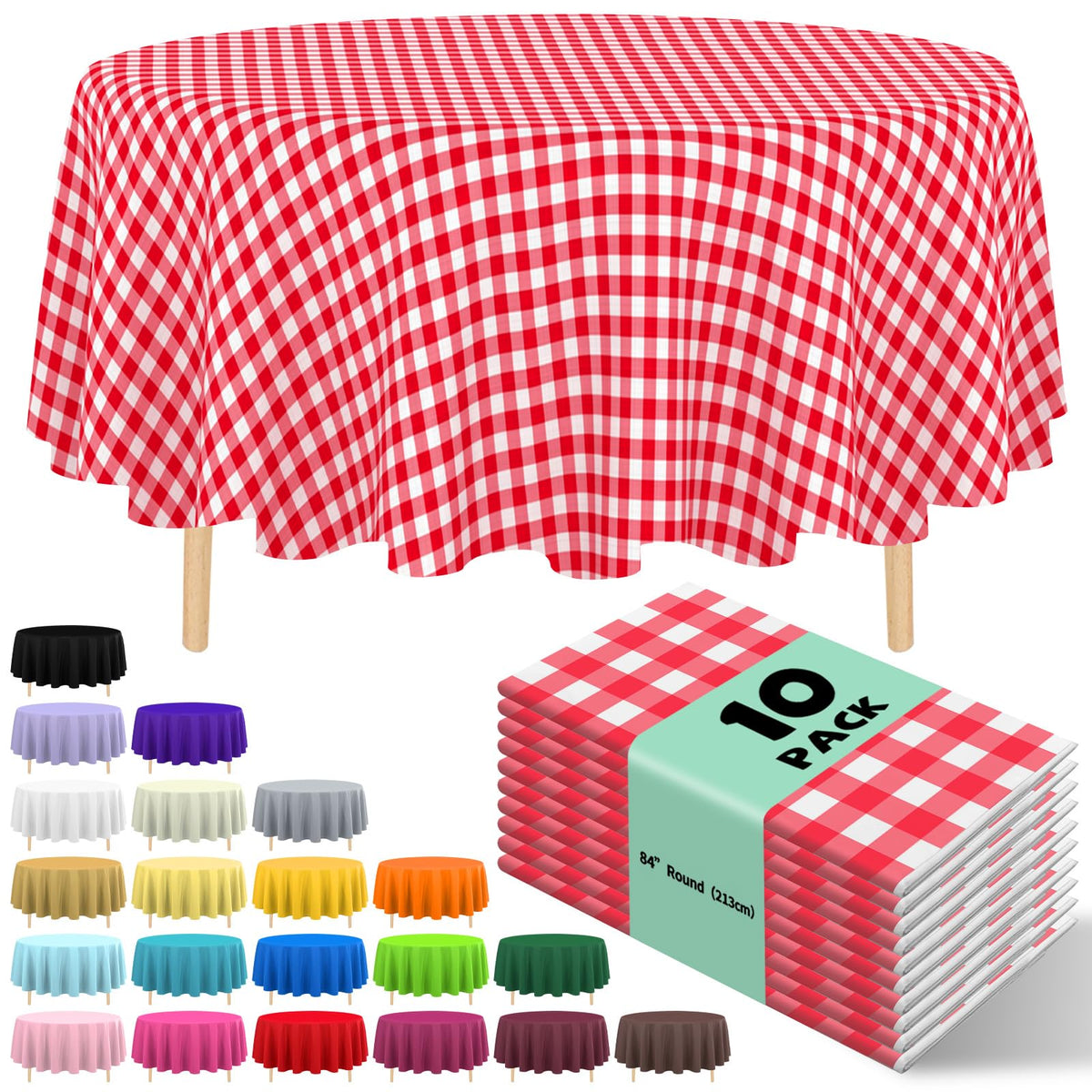 10 Pack Gold Round Tablecloth 84 Inch Round Plastic Table Cloth Disposable Waterproof Table Cover for Wedding Birthday Bridal Shower Party Decorations