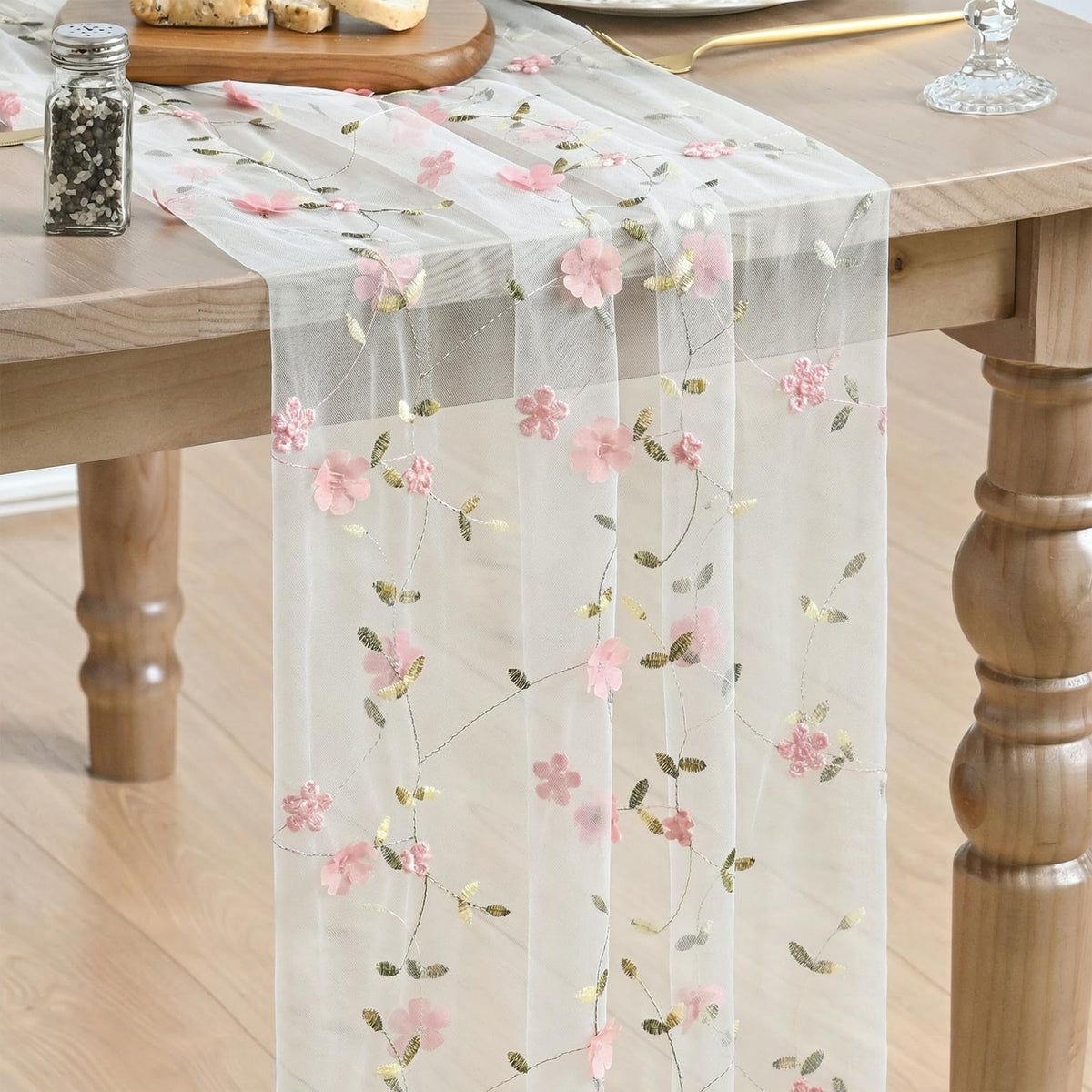 Artoid Mode Pink 3D Flower Gauze Embroidery Table Runner 120 Inch 10FT