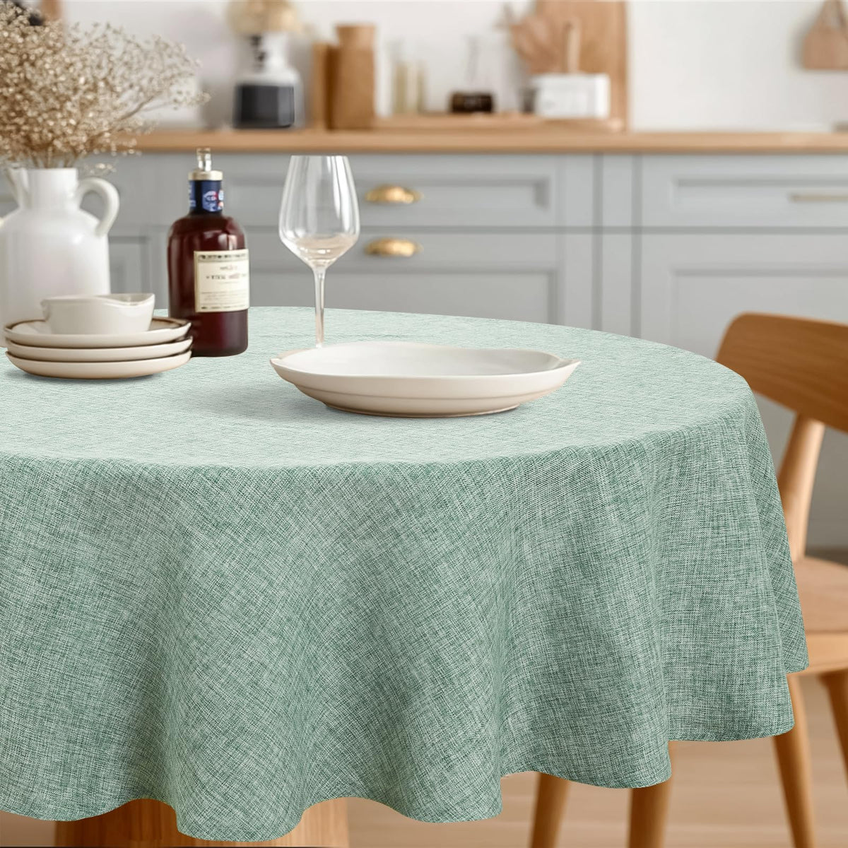 JIUZHEN Round Table Cloth Faux Linen Farmhouse Tablecloth Wrinkle and Stain Resistant Decorative Fabric Table Cover for Kitchen, Dining Room, Parties and Camping, Beige, 90 Inch Round