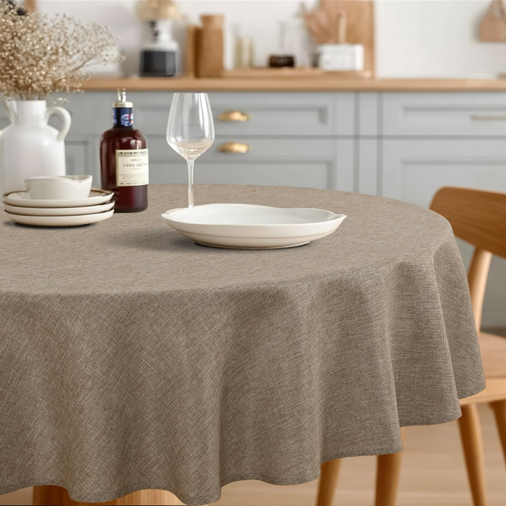 JIUZHEN Round Table Cloth Faux Linen Farmhouse Tablecloth Wrinkle and Stain Resistant Decorative Fabric Table Cover for Kitchen, Dining Room, Parties and Camping, Beige, 90 Inch Round