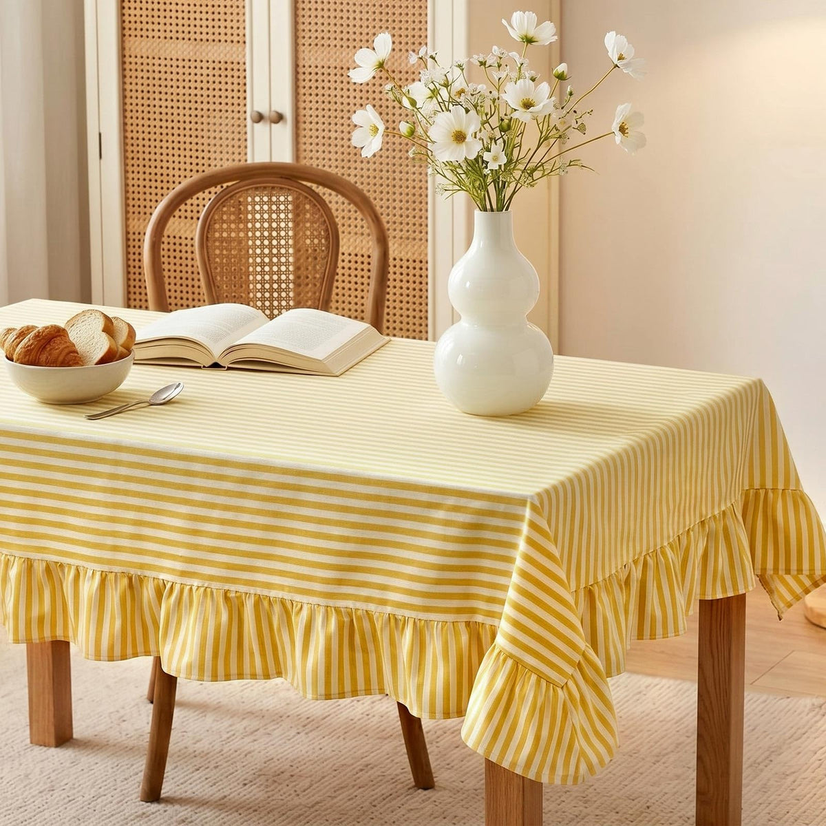 Mindsoft Pink Striped Ruffled Rectangular Tablecloth 60 x 120 Inches