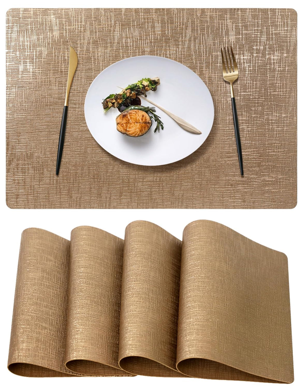Brown Placemats Set of 4, Rustic Washable PVC Vinyl Woven for Dining Table, Stain Resistant Flat Pack No Curled Edges, Heat Resistant Non Slip, 17 x 12 Inch