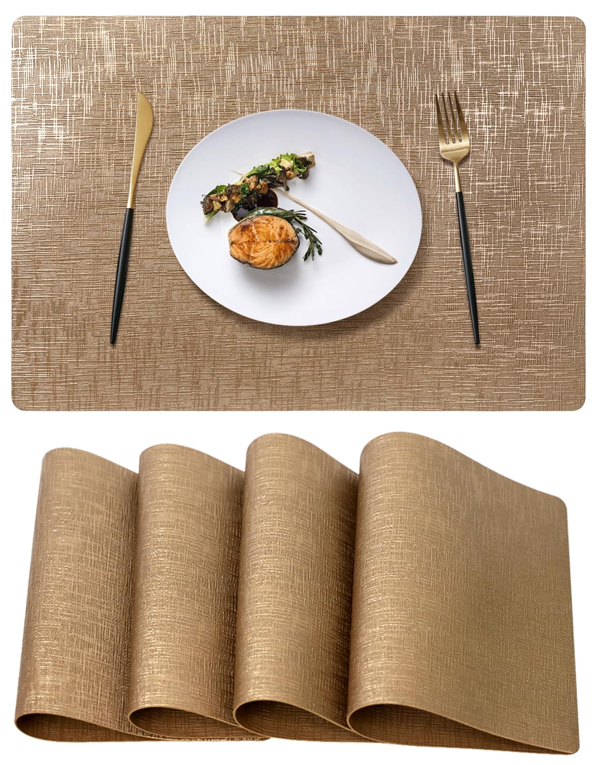 Brown Placemats Set of 4, Rustic Washable PVC Vinyl Woven for Dining Table, Stain Resistant Flat Pack No Curled Edges, Heat Resistant Non Slip, 17 x 12 Inch