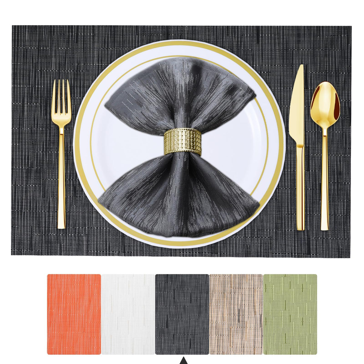 BETEAM Placemats Set of 8, Woven Vinyl Place Mats for Dining Table, Gray