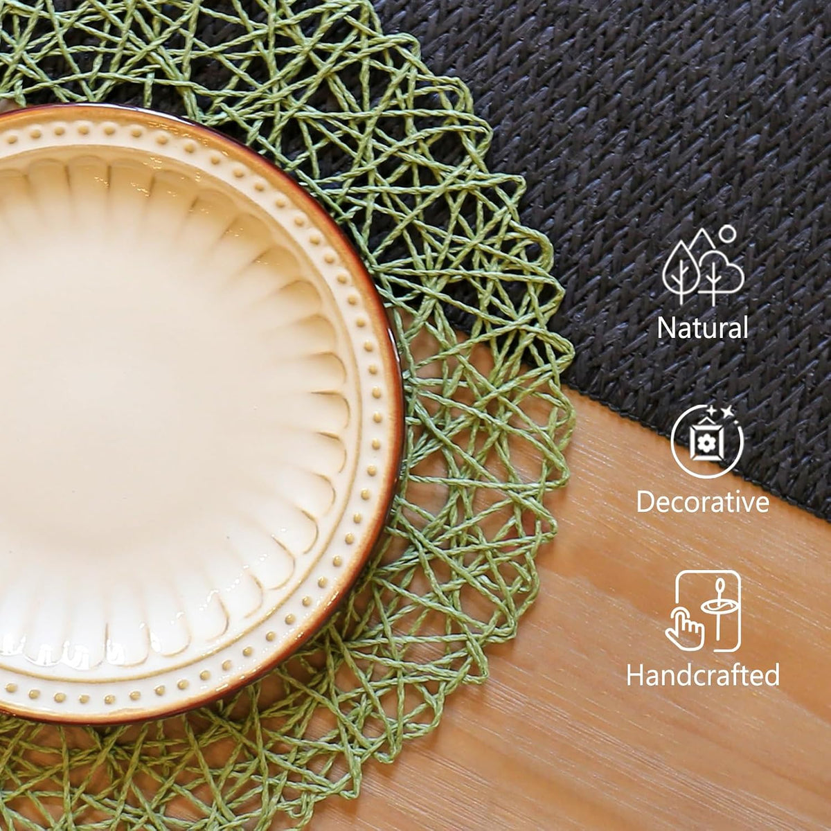AHHFSMEI Paper Braided Round Placemats Set of 12 Natural Non-Slip Heat Resistant Table Mats for Dining Tables Woven Indoor & Outdoor Place mats(Green,12)
