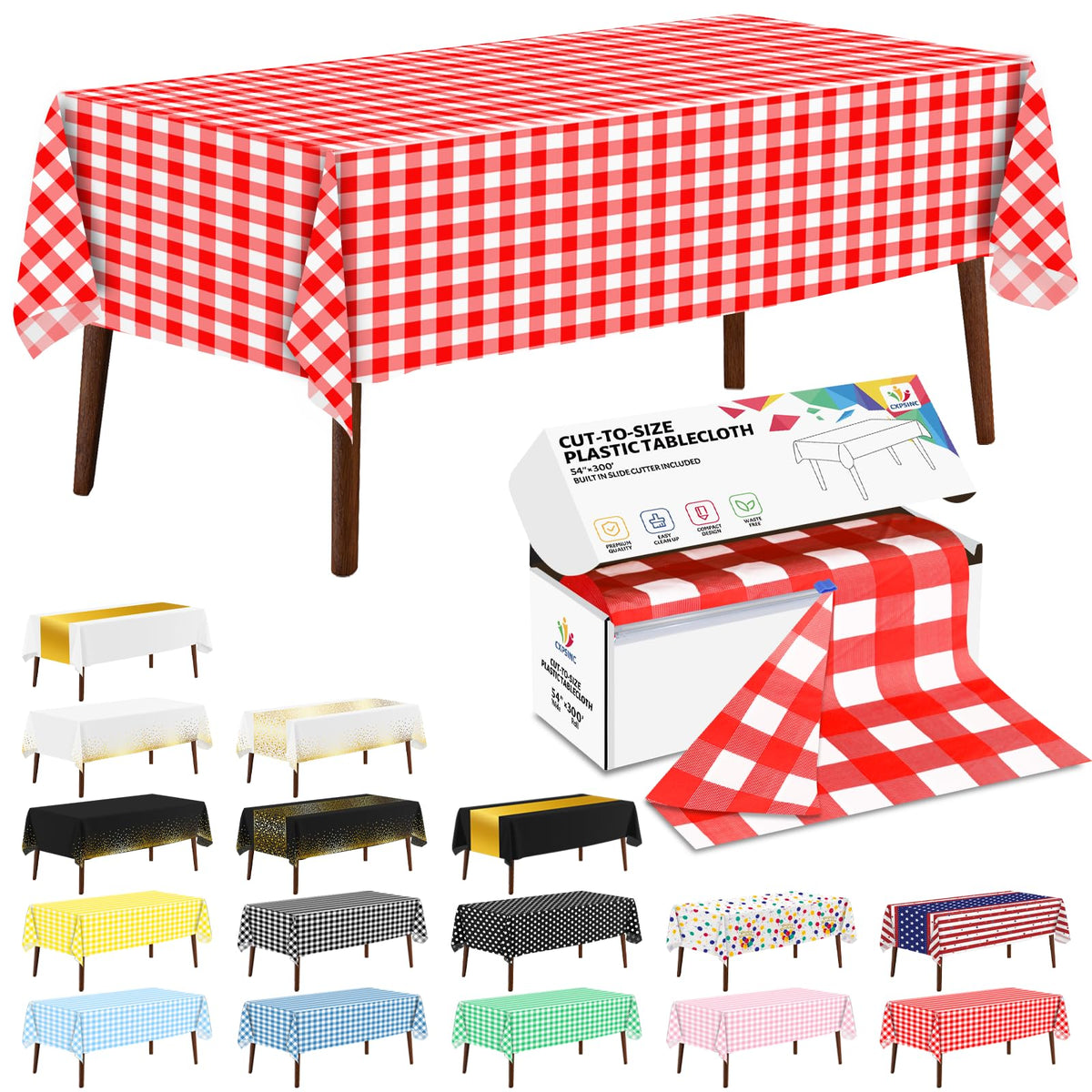 CXPSINC White Plastic Table Cloth Disposable Tablecloth Roll 54 Inch X 300 Feet Plastic Table Cover Roll with Slide Cutter for Picnics, Parties, Banquet, Birthdays, Weddings