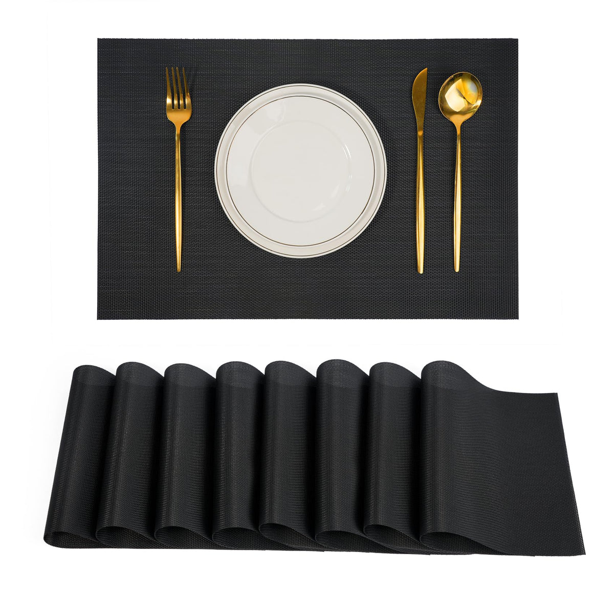 Placemats Set of 6，Non-Slip PVC Weave Table Mats Easy to Clean，Heat Resistant Place Mats for Kitchen Dining Table Decoration Indoor Outdoor，Black Gray