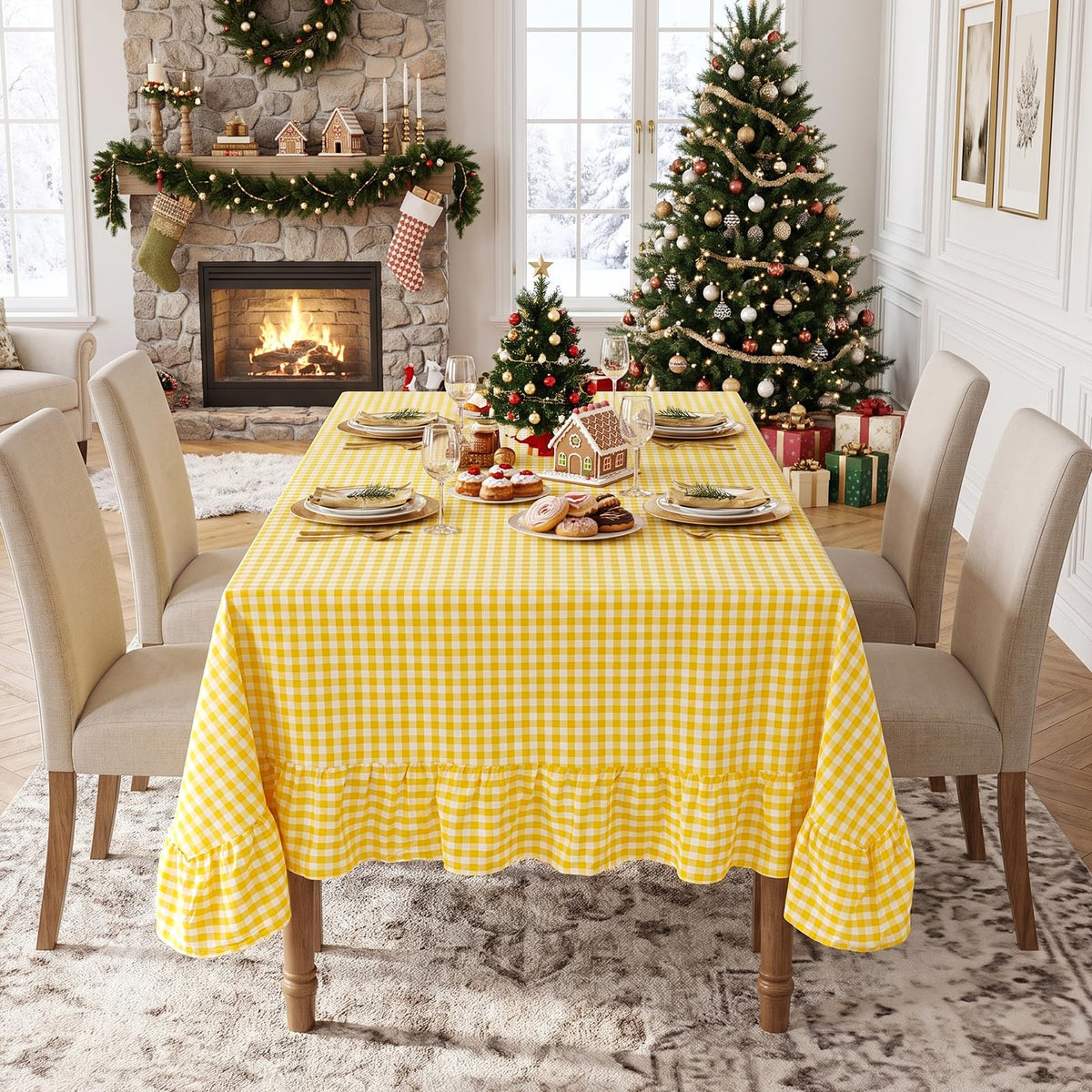 PartyDelight Gingham Ruffle Tablecloth Butter Yellow Washed Cotton Checkered Rectangular Table Cover for Farmhouse Kitchen Cute Cottagecore Birthday Party Decor, Soft Vintage (60x102 Fits 6-9 Seats)