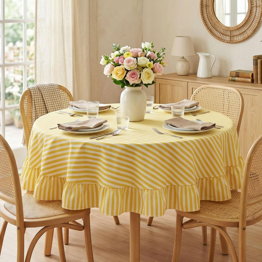Mindsoft Pink Striped Ruffled Rectangular Tablecloth 60 x 120 Inches
