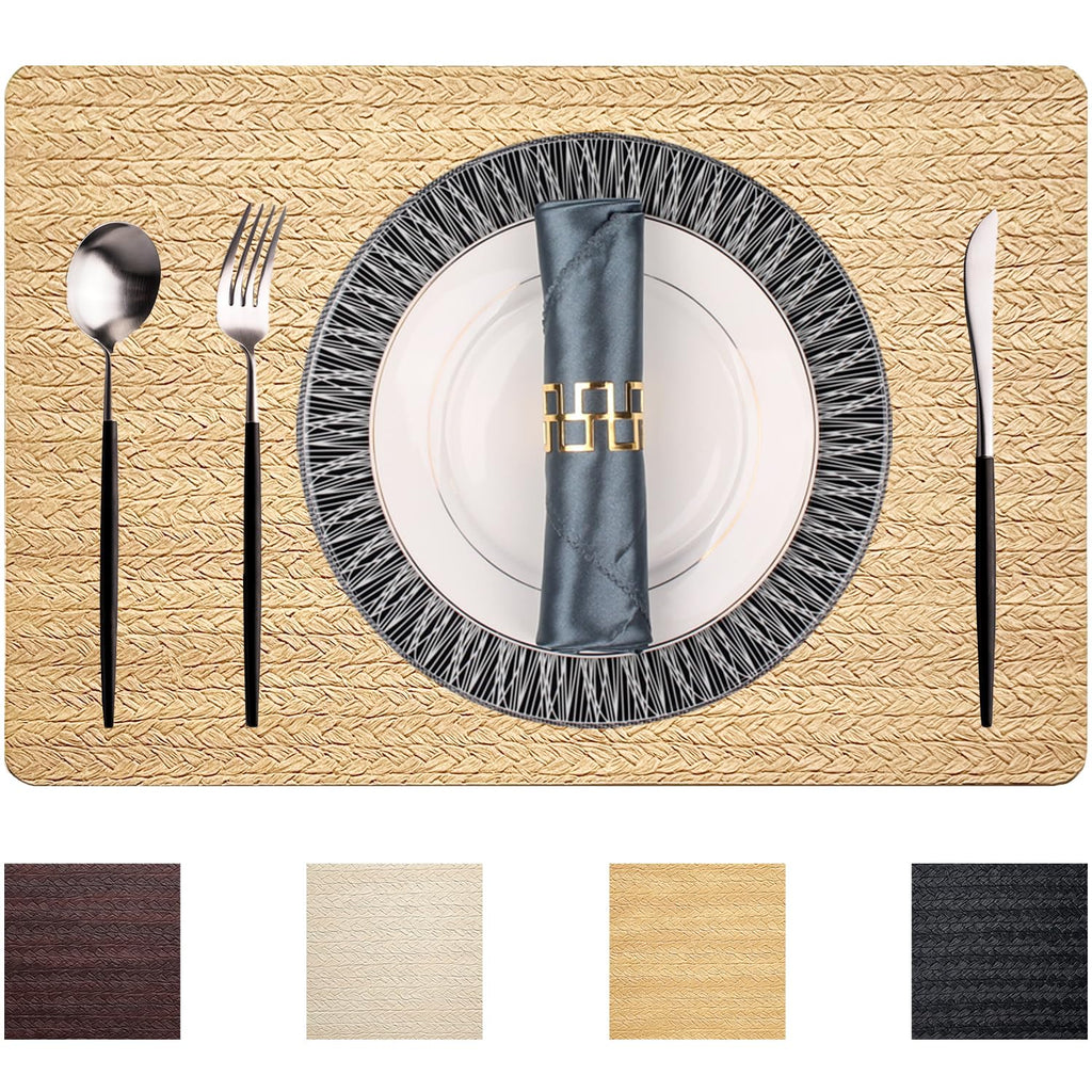 PIGCHCY Place Mats Heat-Resistant Non Slip Placemats Washable Easy to Clean Woven Vinyl Placemats for Dining Table (Set of 4, Brown)