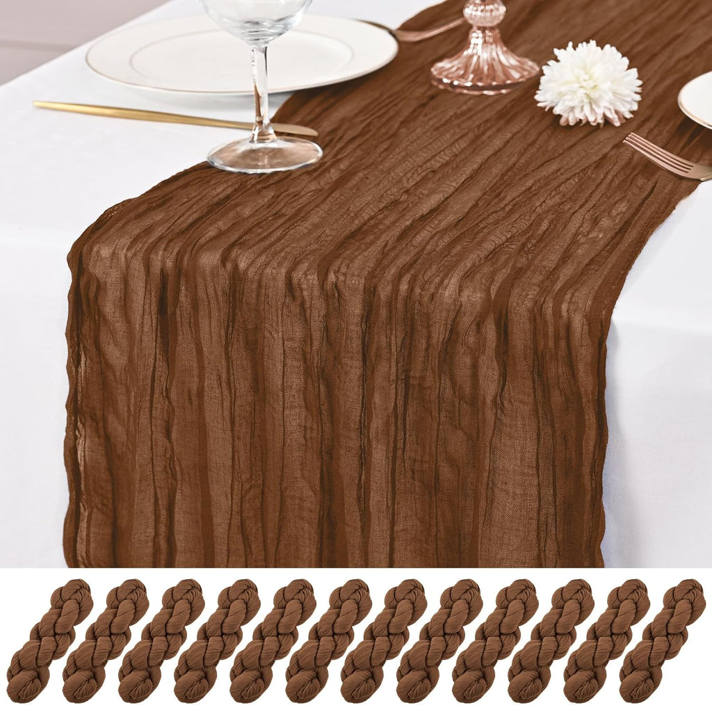 12 Pack Brown Table Runner 10Ft Cheesecloth Table Runner Rustic Gauze Table Runners Romantic Long Sheer Fabric Cheese Cloth Table Runners for Wedding Party Bridal Baby Shower