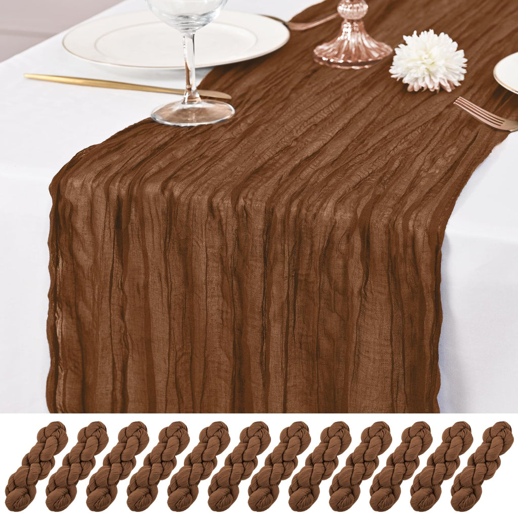 12 Pack Brown Table Runner 10Ft Cheesecloth Table Runner Rustic Gauze Table Runners Romantic Long Sheer Fabric Cheese Cloth Table Runners for Wedding Party Bridal Baby Shower