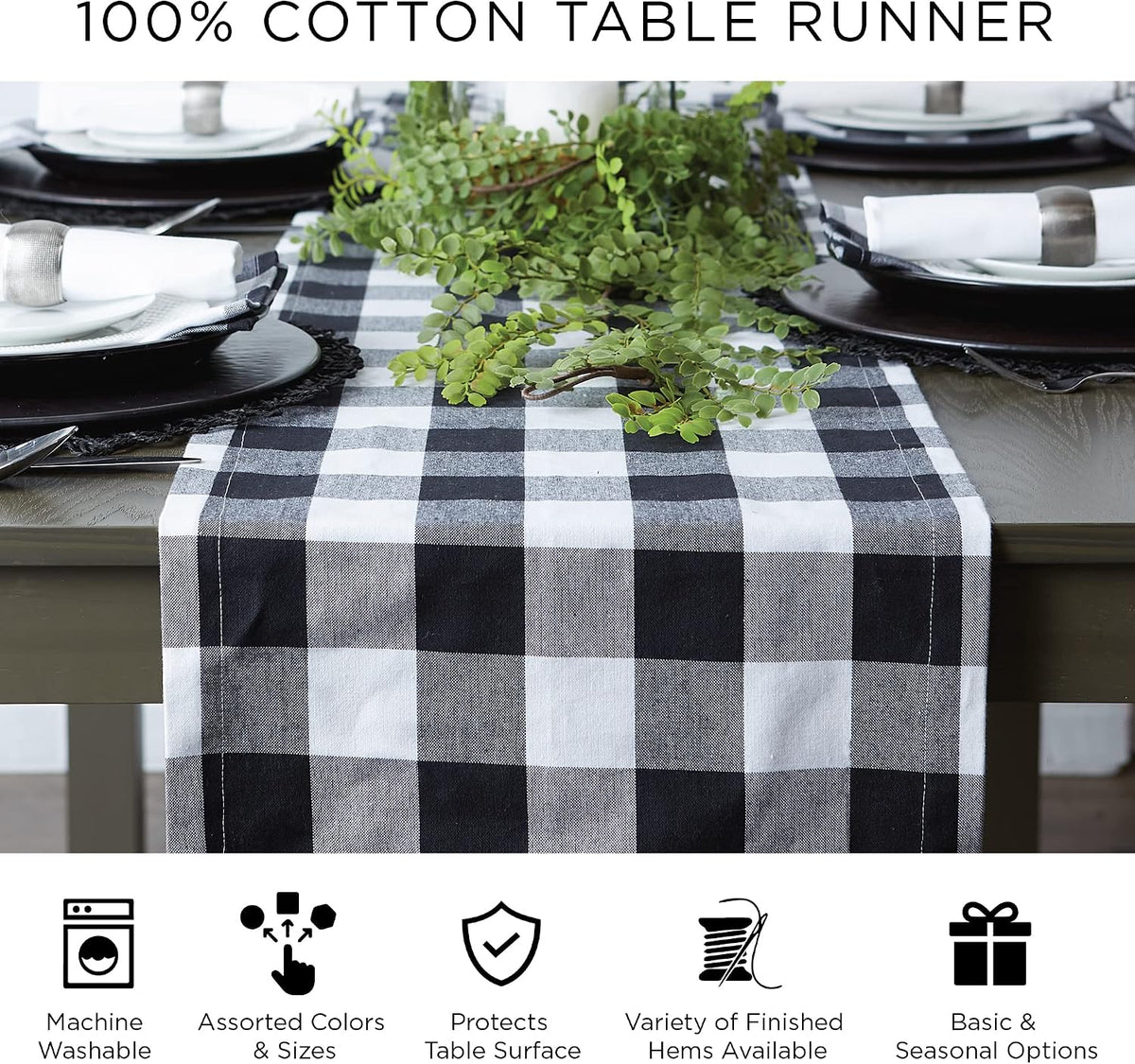 DII Fringed Check Tabletop, Table Runner, 14x108, Stone Brown