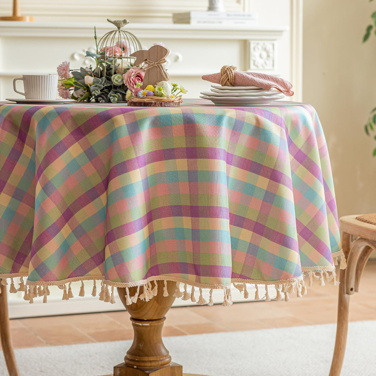 JIALE Gingham Tablecloth Rectangle Cotton Linen Fabric Checkered Table Cloth with Tassel Washable Wrinkle Free Buffalo Plaid Table Cover for Birthday Party Picnic Outdoor, Pink, 55x75