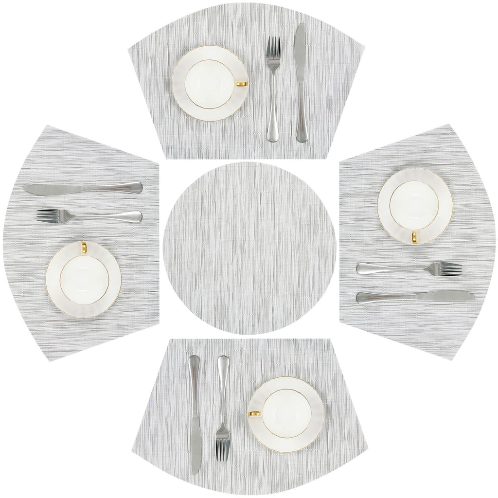 SHACOS Small Round Table Placemats Set of 5 Woven Vinyl Wedge Placemats with Centerpiece Round Table Mats Heat Resistant Wipe Clean (5, Black Gray)