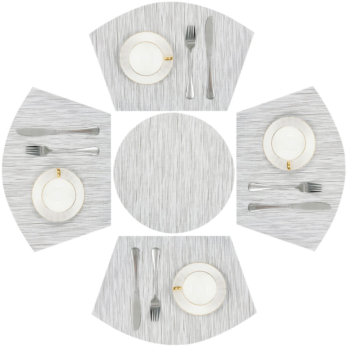 SHACOS Small Round Table Placemats Set of 5 Woven Vinyl Wedge Placemats with Centerpiece Round Table Mats Heat Resistant Wipe Clean (5, Black Gray)