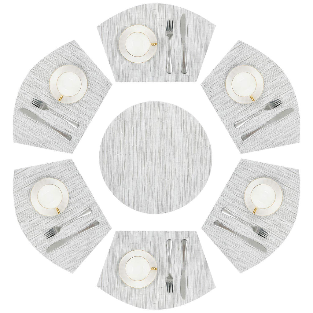 SHACOS Small Round Table Placemats Set of 5 Woven Vinyl Wedge Placemats with Centerpiece Round Table Mats Heat Resistant Wipe Clean (5, Black Gray)