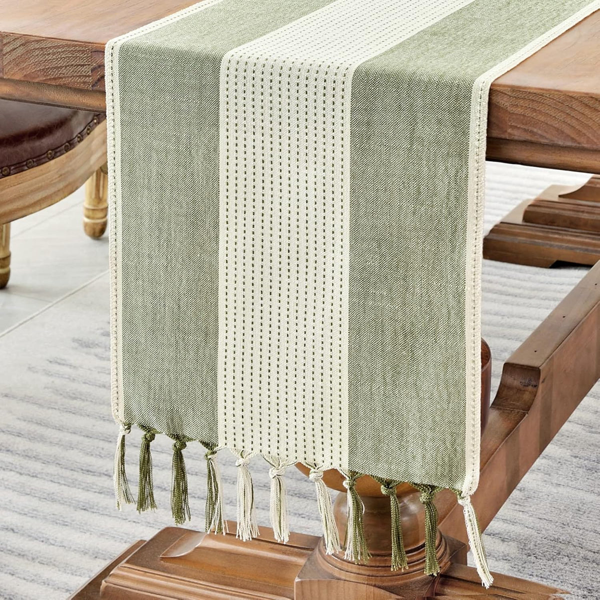Wracra Linen Table Runner, Stripe Table Runners 72 Inches Sage Green