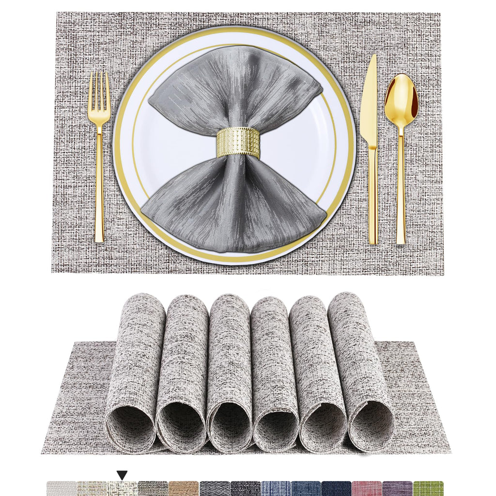 BETEAM Placemats Set of 8, Woven Vinyl Place Mats for Dining Table, Gray