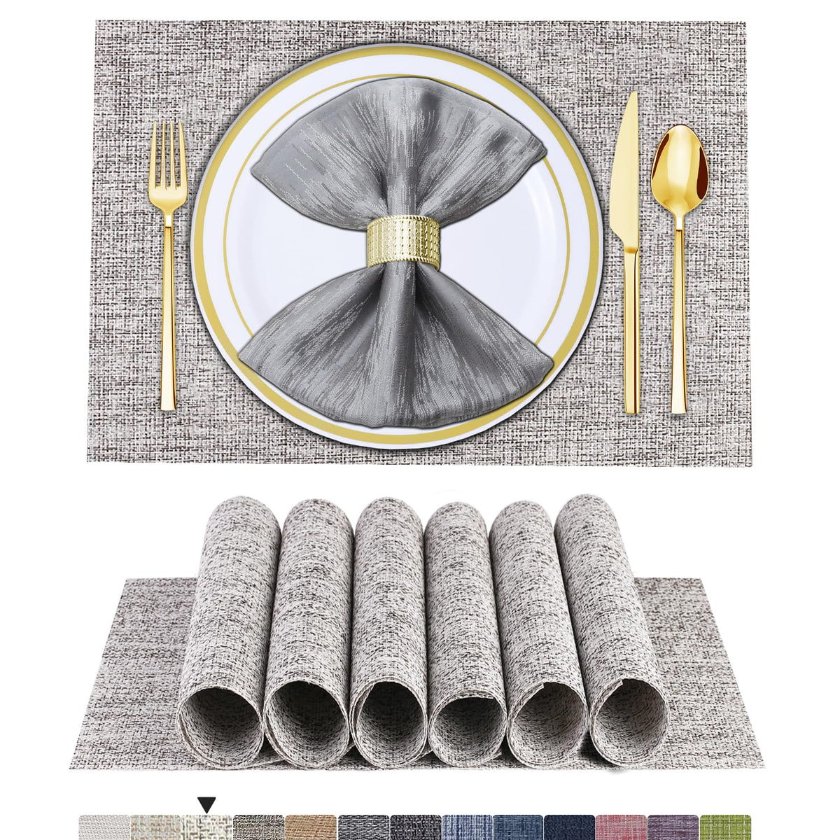 BETEAM Placemats Set of 8, Woven Vinyl Place Mats for Dining Table, Gray