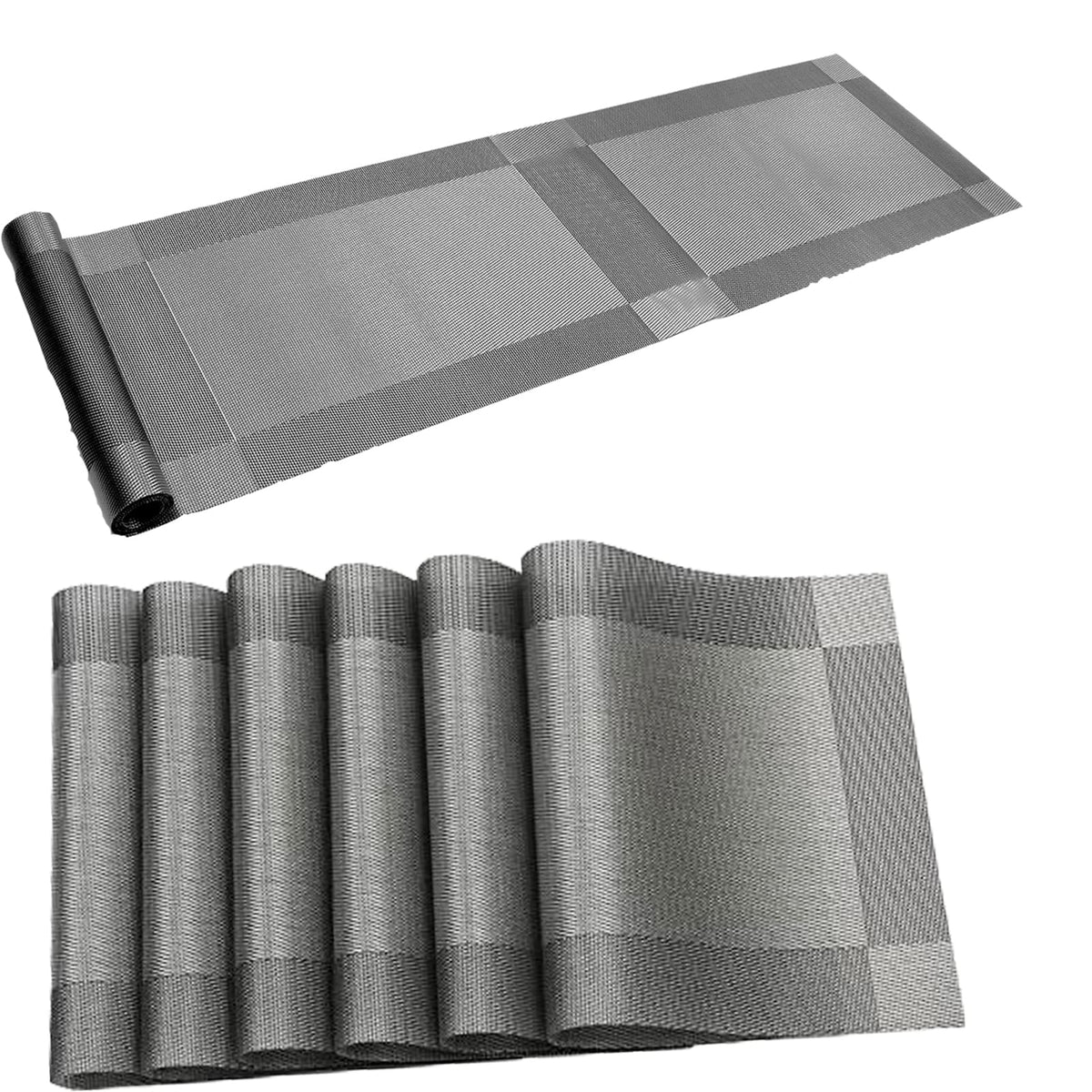 Placemats, Washable PVC Table Mats, Woven Vinyl Placemat for Dining Table Place Mats Set (6 Placemats and 1 Table Runner, Black and Grey)