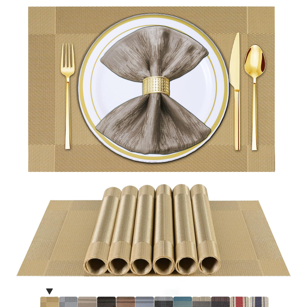 BETEAM Placemats Set of 8, Woven Vinyl Place Mats for Dining Table, Gray