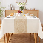 JIUZHEN Round Table Cloth Faux Linen Farmhouse Tablecloth Wrinkle and Stain Resistant Decorative Fabric Table Cover for Kitchen, Dining Room, Parties and Camping, Beige, 90 Inch Round