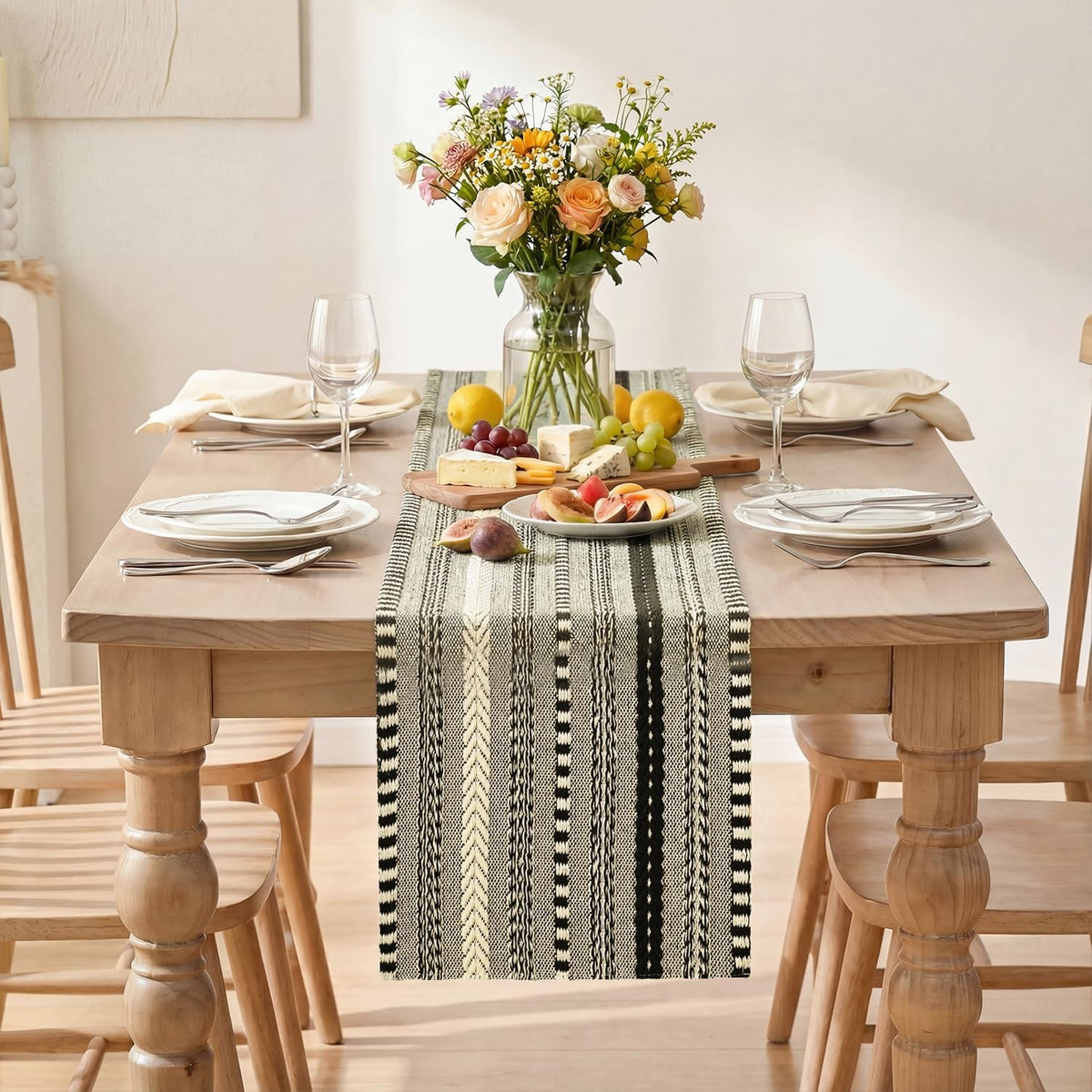 Artoid Mode Black Farmhouse Stripe Braided Table Runner 12x72 Inch