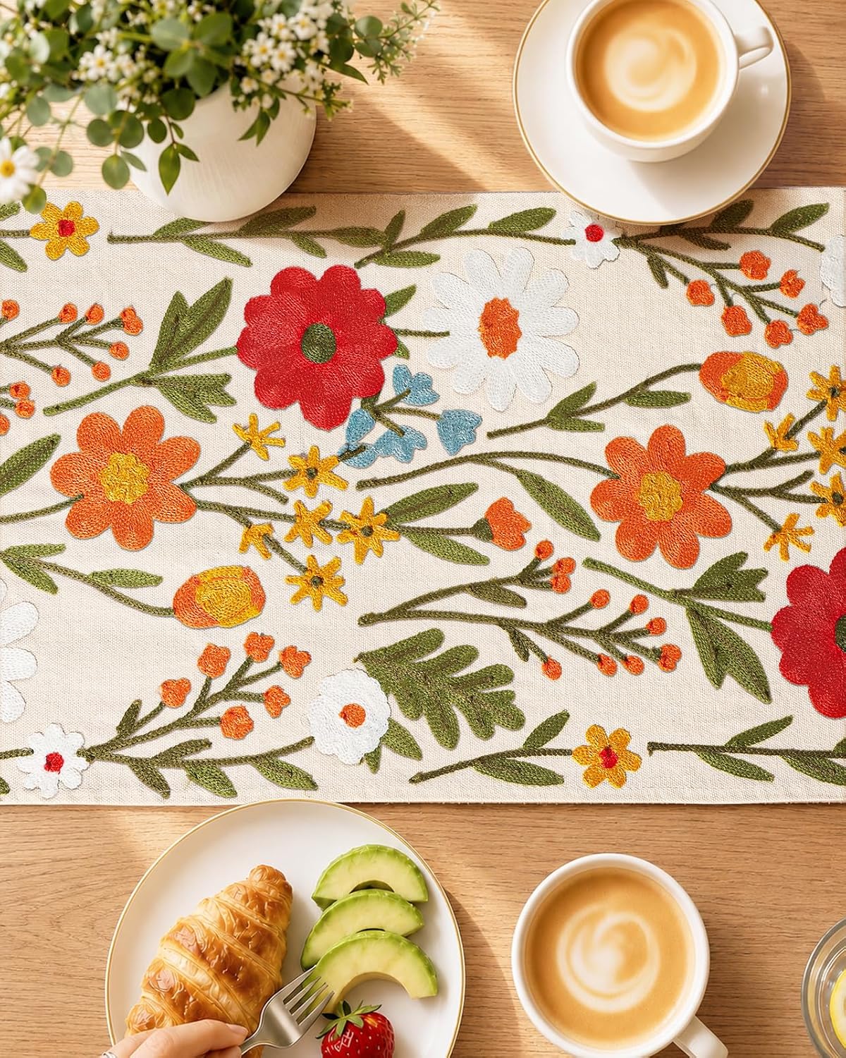 Miss Adola Embroidered Canvas Table Runner 13"x72", Wild Flower