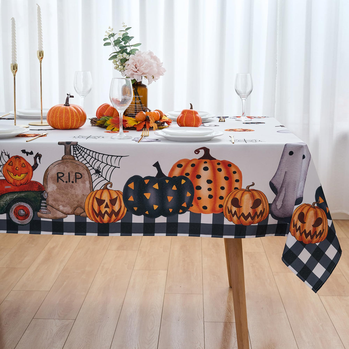 Rectangle Tablecloth 60" x 84" Winter Brown Plaid Table Cloth - Oblong Autumn Polyester Red Brown Harvest Checkered Gingham Christmas Table Cover Reusable Water Resistant for Fall Thanksgiving Holiday