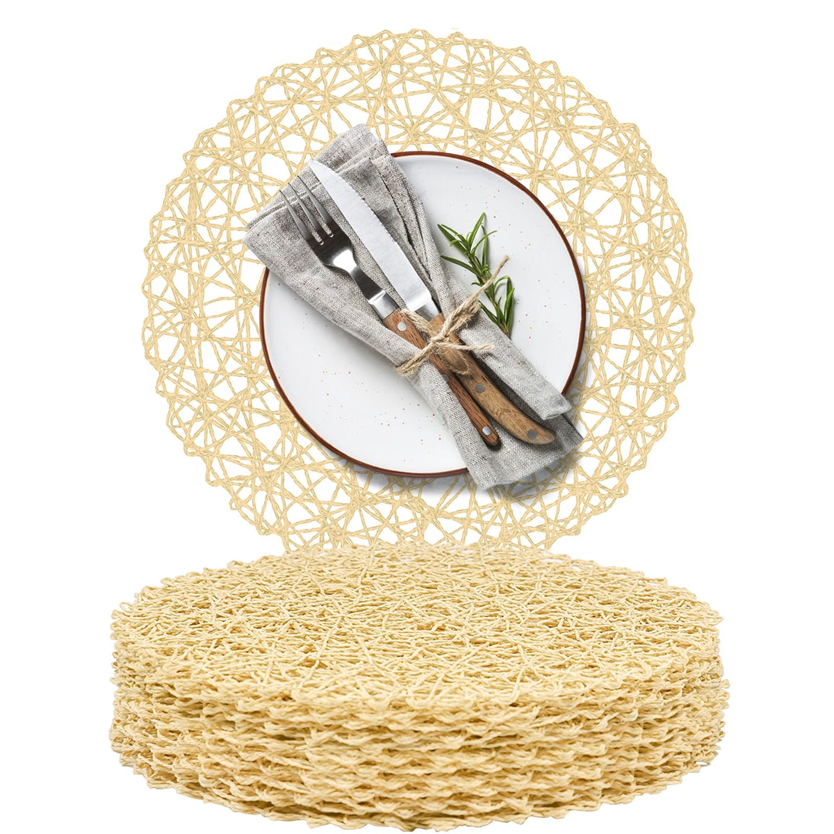 AHHFSMEI Paper Braided Round Placemats Set of 12 Natural Non-Slip Heat Resistant Table Mats for Dining Tables Woven Indoor & Outdoor Place mats(Green,12)