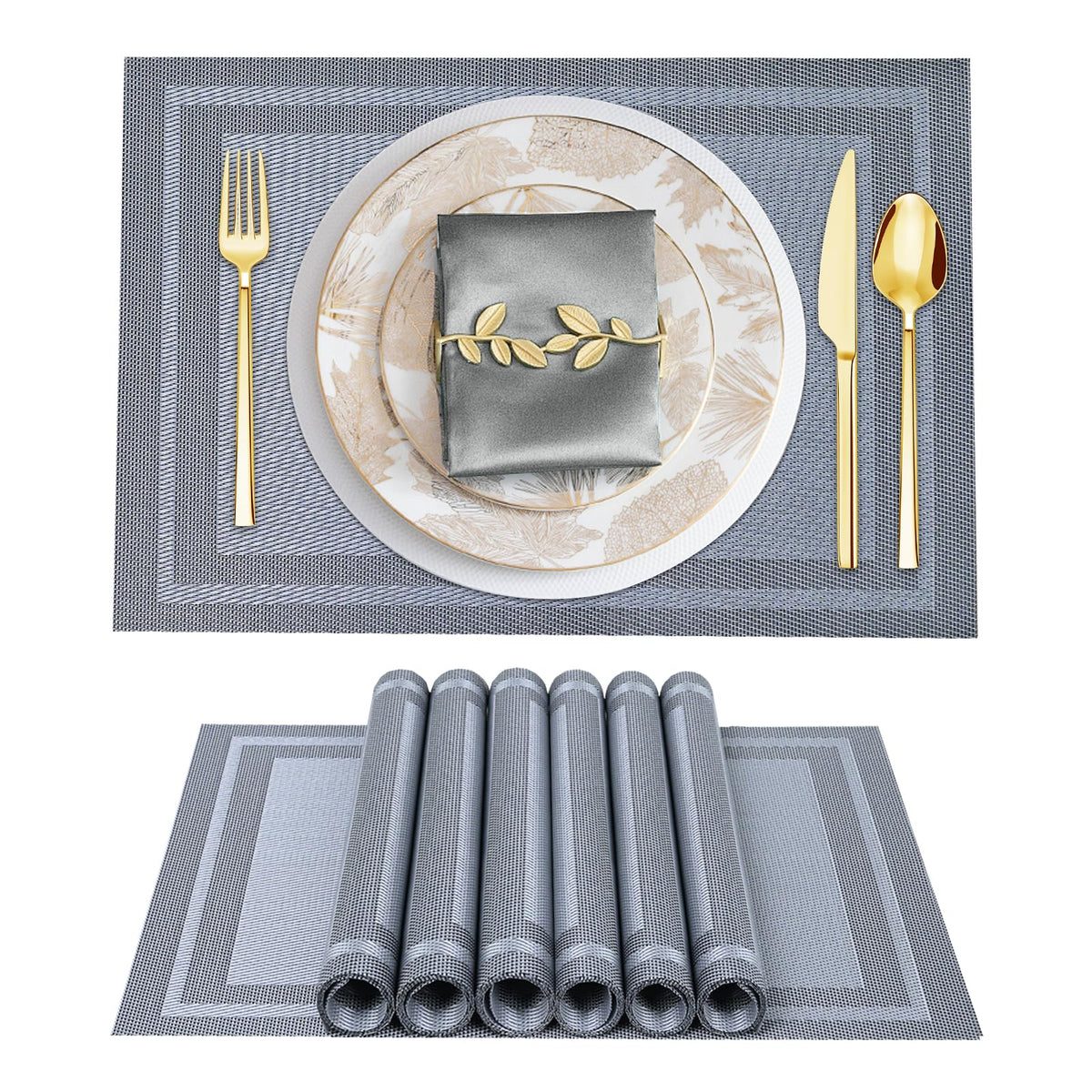 BETEAM Placemats Set of 8, Woven Vinyl Place Mats for Dining Table, Gray